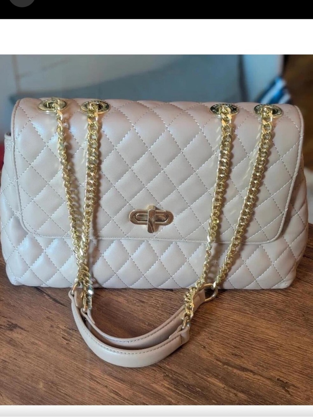 Tan/cashew Color Quilted Handbag with Gold Chain